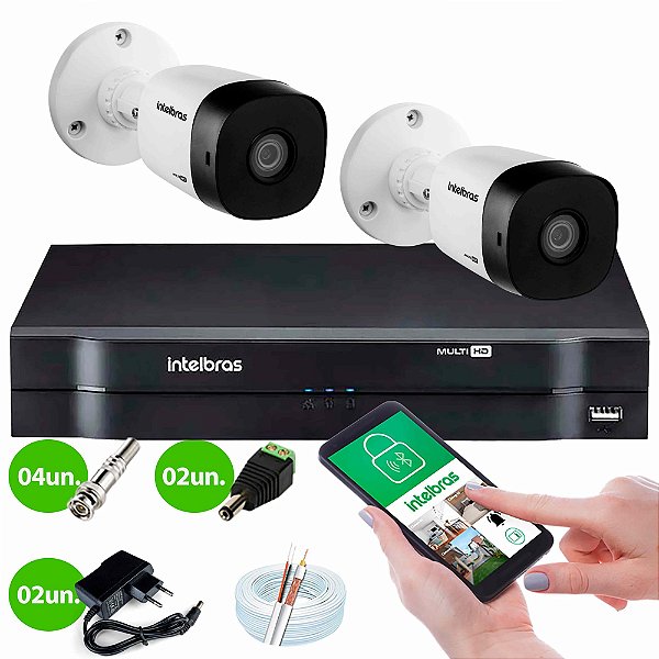 Kit 2 Câmeras VHD 1015 B  + DVR Intelbras + App Grátis de Monitoramento, Câmeras HD 720p 10m Infravermelho de Visão Noturna Intelbras + Fonte, Cabos e Acessórios