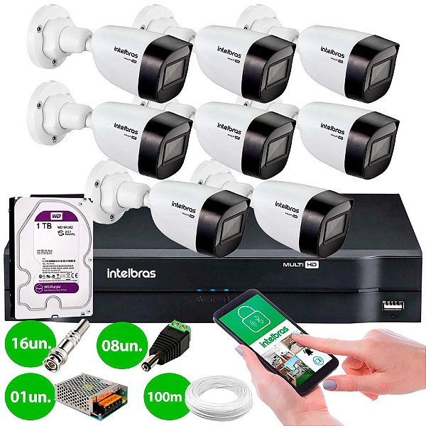 Kit 8 Câmeras VHD 1120 B G6 + DVR Intelbras + HD 1TB + App + Fonte, Cabos e Acessórios