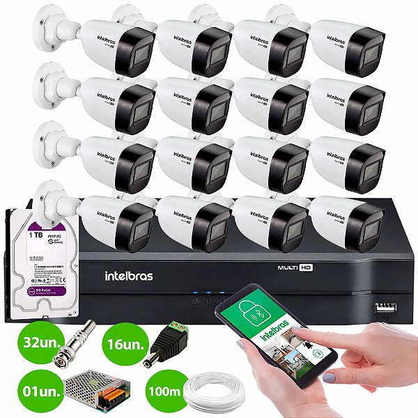 Kit 16 Câmeras VHD 1120 B G6 + DVR Intelbras + HD 1TB + App + Fonte, Cabos e Acessórios