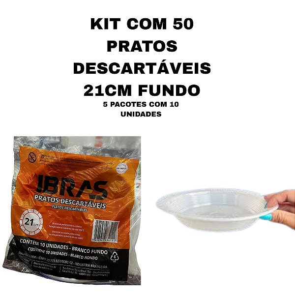 KIT COM 50 PRATOS DESCARTAVEIS FUNDO 21CM IBRAS - 5 PACOTES