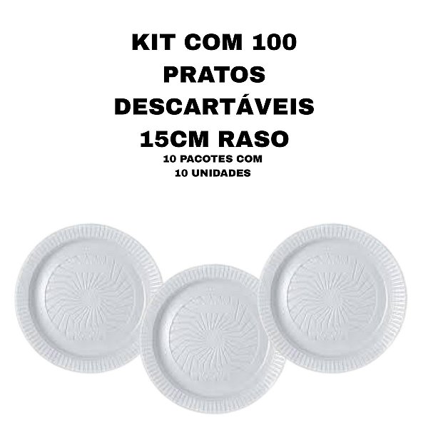 KIT COM 100 PRATOS DESCARTAVEIS RASOS 15CM IBRAS - 10 PACOTES