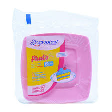 PRATO QUADRADO DE ACRILICO ROSA CANDY 15CM STRAWPLAST C/10