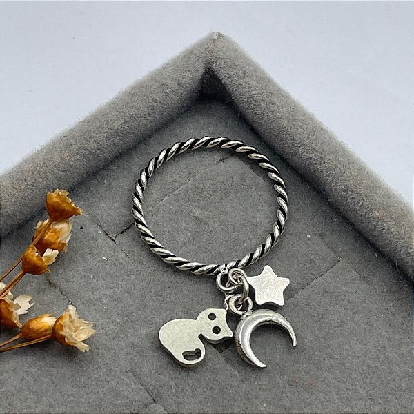 Anel Pingentes | Gatinho, Lua e Estrela | Prata 925 Bali