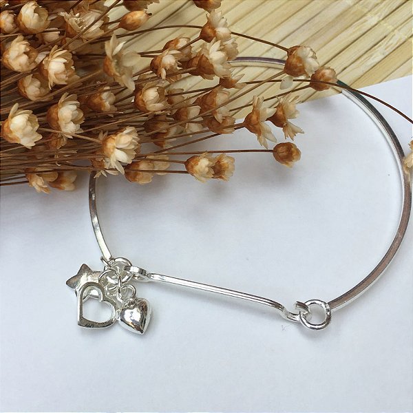Pulseira / Bracelete 3 Pingentes | Corações e Estrela | Prata 925
