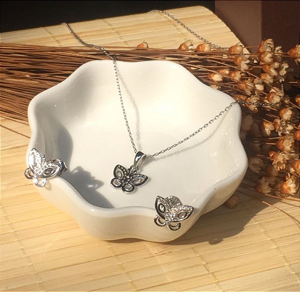 Conjunto Borboleta com Microzircônias | Prata 925 Rodinada