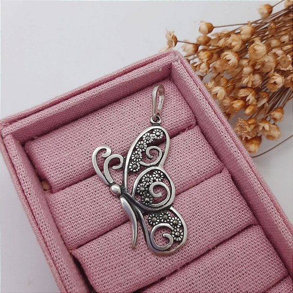 Pingente Borboleta com Marcassitas | Grande | Prata 925 Bali