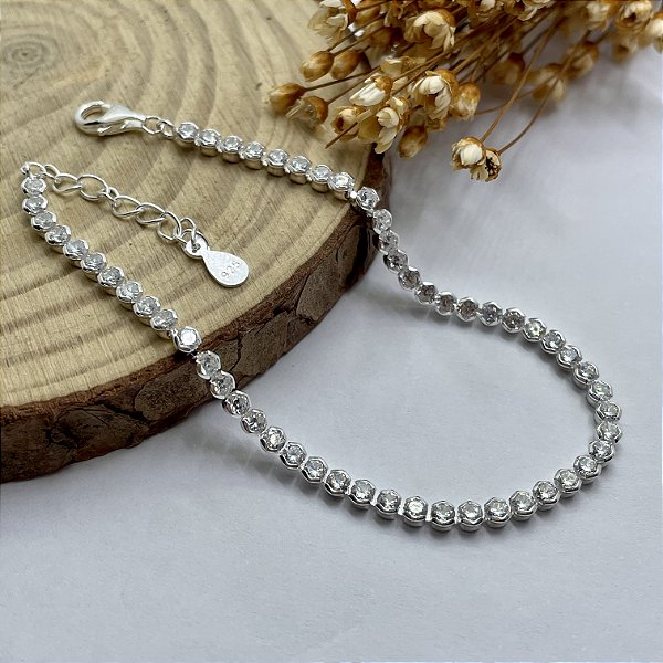 Pulseira Riviera Cravejada | Zircônia Redonda 3mm | Prata 925