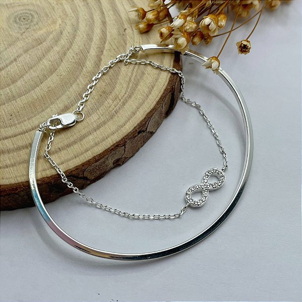 Pulseira Bracelete Duplo Infinito Cravejado | Prata 925 Rodinada