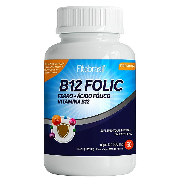 B12 Folic (Ácido Fólico, Vitamina B12 e Ferro) - 60 Cáps - 550mg
