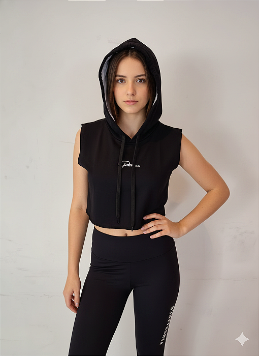 Cropped Regata (Moletinho) c/ escrita-off white - Preto