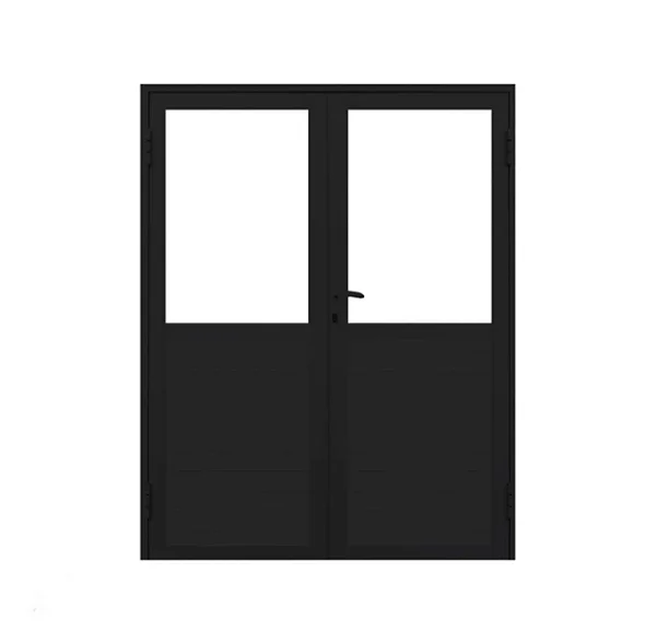 PORTA DE ABRIR 2 FOLHAS COM LAMBRIL E VIDRO FIXO ALUMÍNIO PRETO LINHA 25