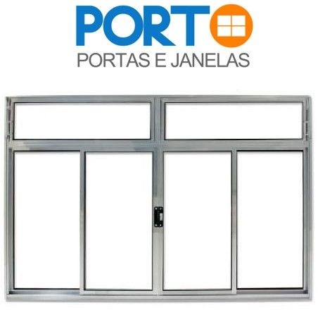 VITRÔ DE CORRER ALUMÍNIO BRILHANTE 4 FOLHAS COM BANDEIRA VIDRO LISO  LINHA MODULAR