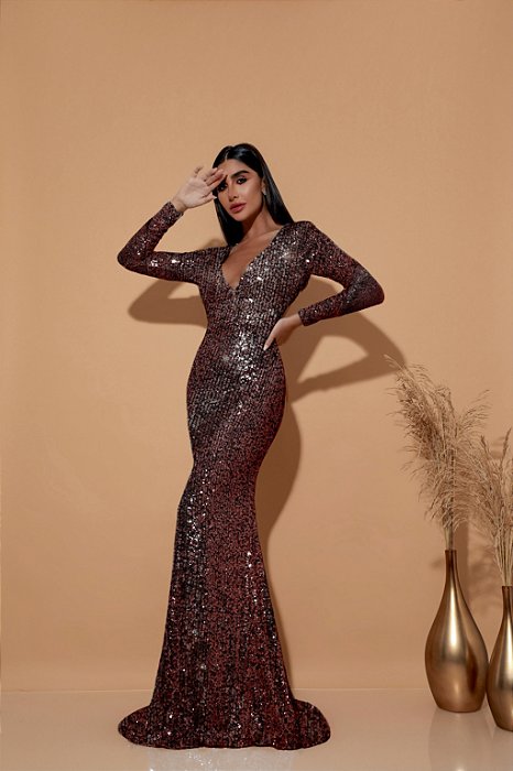 VESTIDO GLAMOROUS PAETÊ SEREIA - BRONZE