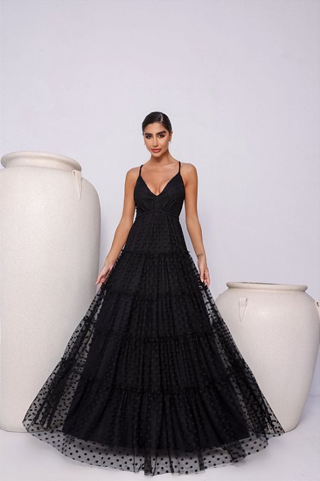 VESTIDO VALÉRIA LONGO TULE POÁ - PRETO