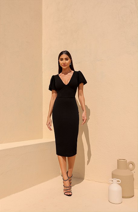 VESTIDO CLARA MIDI MANGA BALONÊ  - PRETO