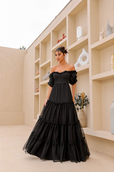 VESTIDO CAMILA LONGO TULE POÁ - PRETO