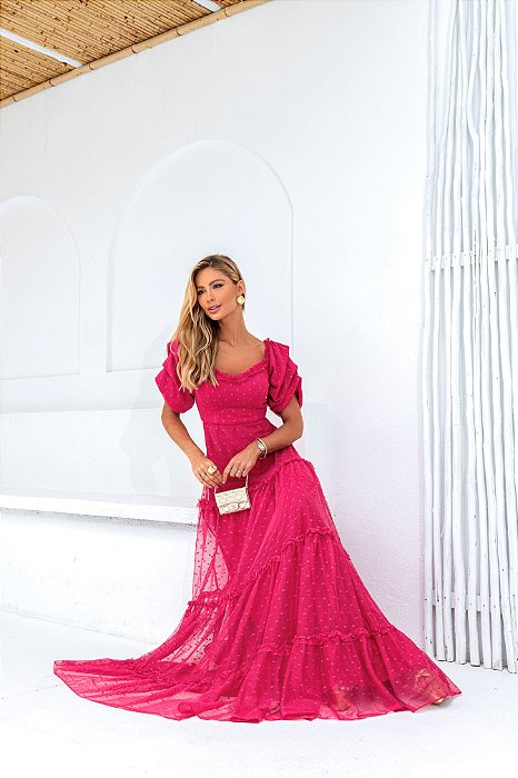 VESTIDO CAMILA LONGO TULE POÁ - PINK