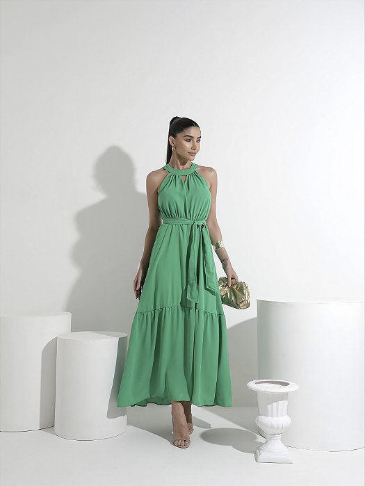 VESTIDO GOLA ALTA CHIFFON - VERDE