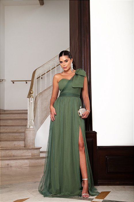 VESTIDO FESTA LUPITA LONGO TULE - VERDE OLIVA