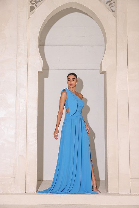 VESTIDO APHRODITE LONGO UM OMBRO - AZUL SERENITY