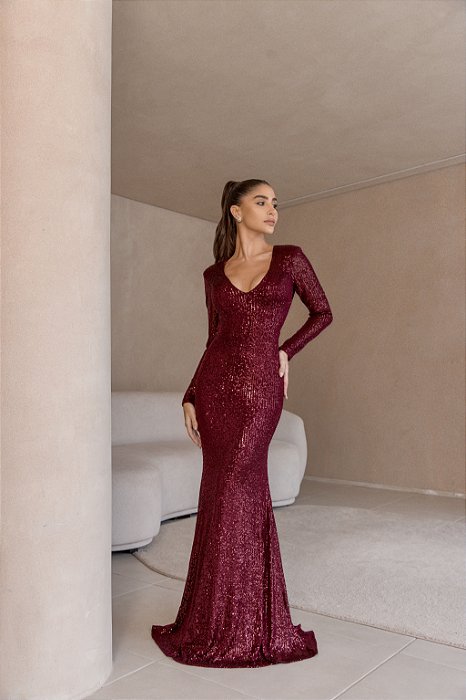 VESTIDO GLAMOROUS PAETÊ SEREIA - VINHO