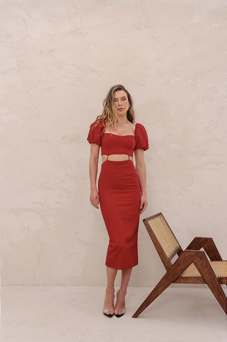 VESTIDO LARISSA MIDI MANFA BUFANTE - VERMELHO