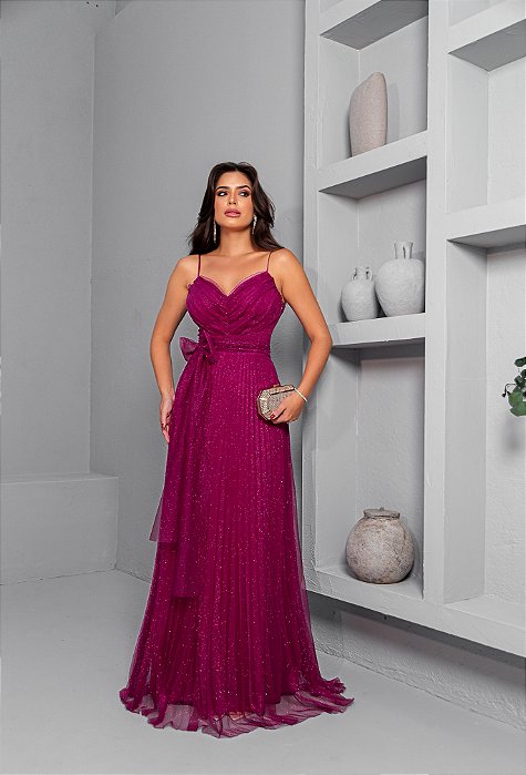 VESTIDO LONGO TULE GLITTER KATE - FÚCSIA