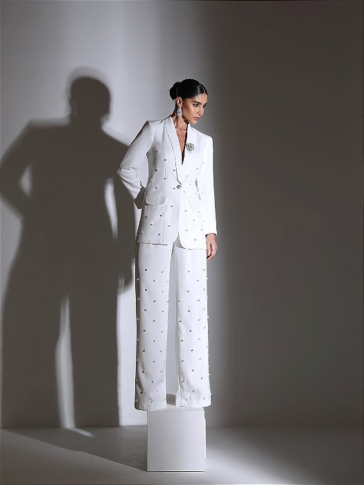 CALÇA PANTALONA EM ALFAIATARIA E PÉROLAS - OFF WHITE