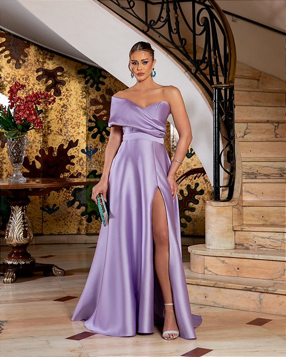 VESTIDO FESTA GLAM DECOTE OMBRO A OMBRO ZIBELINE - LAVANDA