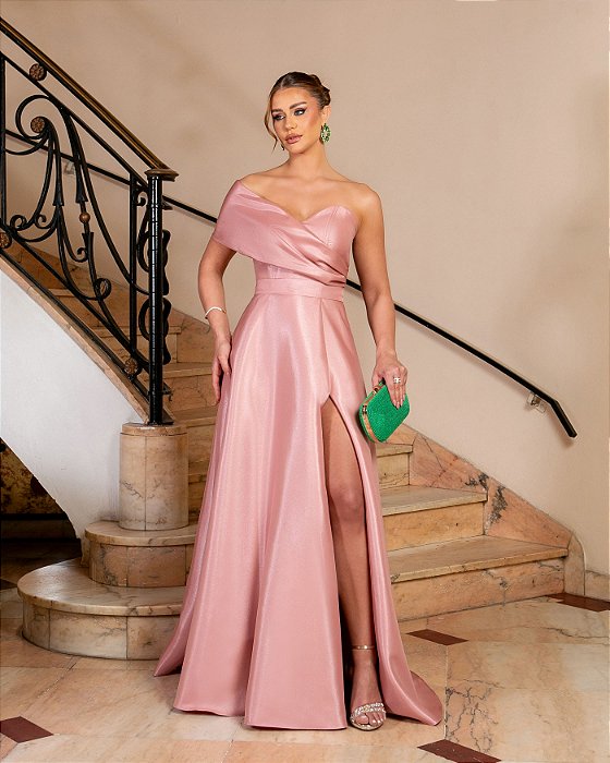 VESTIDO FESTA GLAM DECOTE OMBRO A OMBRO ZIBELINE - ROSÉ