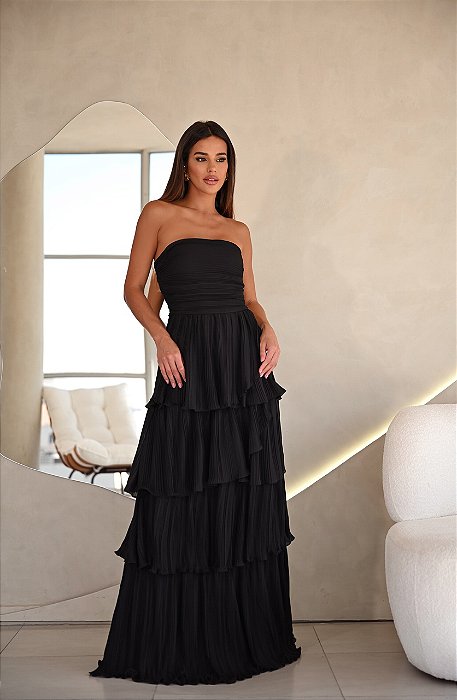 VESTIDO ESPANHA LONGO T.Q.C CAMADAS - PRETO