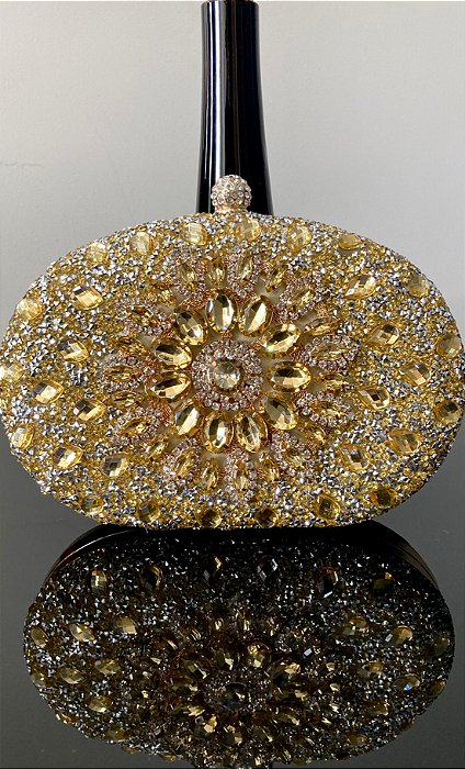 BOLSA FESTA BORDADO EM PEDRARIAS FLORAL - DOURADO
