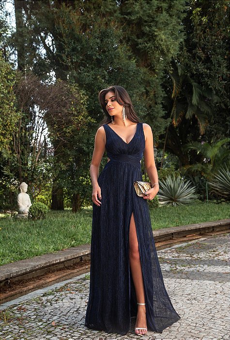 VESTIDO LONGO METALIZADO BOÊMIA - AZUL MARINHO