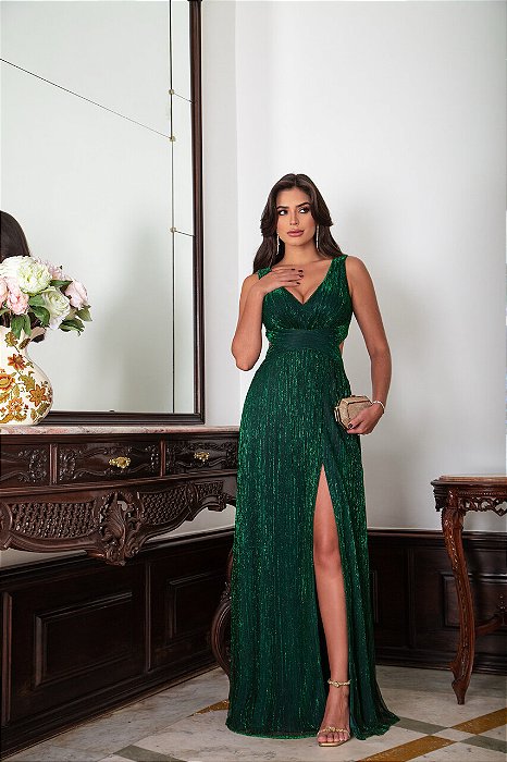 VESTIDO FESTA LONGO METALIZADO BOÊMIA - VERDE ESMERALDA