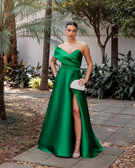 VESTIDO FESTA GLAM DECOTE OMBRO A OMBRO ZIBELINE - VERDE ESMERALDA