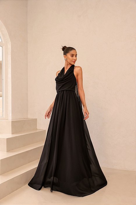 VESTIDO BRUXELAS LONGO CALDA NAS COSTAS - PRETO
