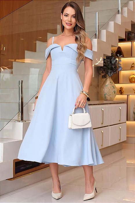 VESTIDO MIDI OMBRO A OMBRO COM ALÇA SANDRA - AZUL CLARO
