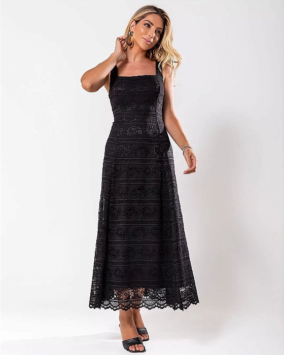 VESTIDO MISS MISSES LONGO RENDA COM ZIPER - PRETO