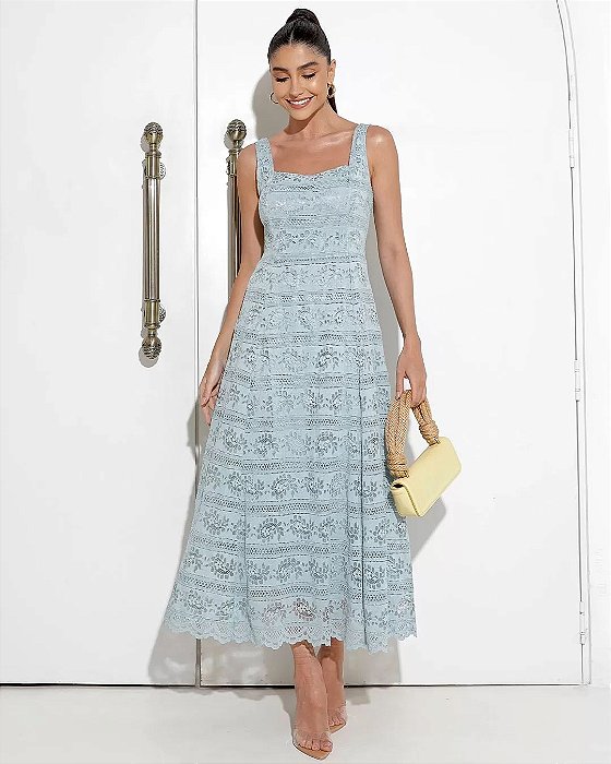 VESTIDO MISS MISSES LONGO RENDA COM ZIPER - AZUL