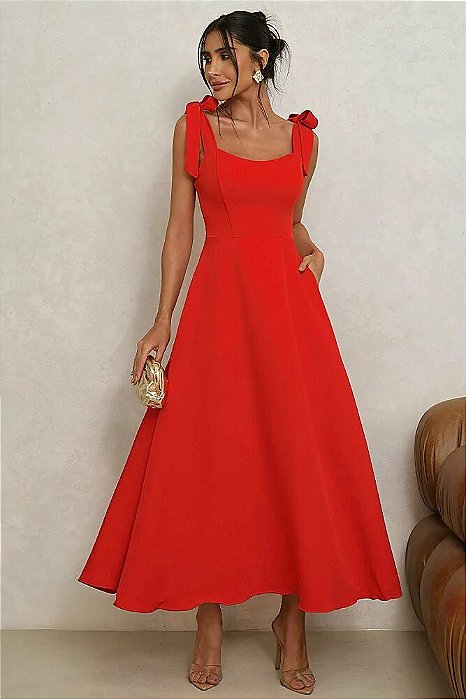VESTIDO KÁTIA LONGUETE COM ALÇA E LAÇOS  - VERMELHO