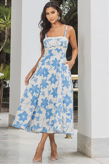 VESTIDO MIDI LUCIA ESTAMPADO DETALHE CIANINHA - BEGE