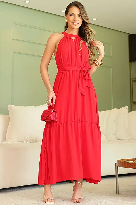 VESTIDO GOLA ALTA CHIFFON - VERMELHO