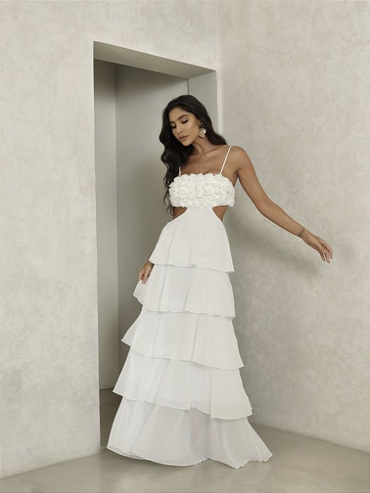 VESTIDO LONGO CAMADAS FLOWER ÉDEN - OFF WHITE