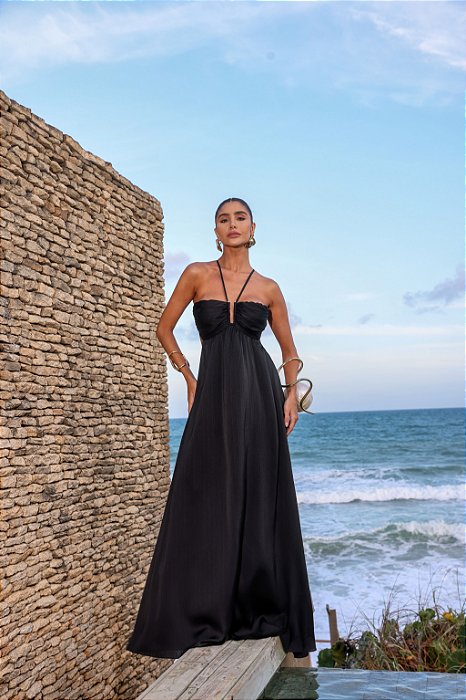VESTIDO LONGO PLISSADO JUJU - PRETO