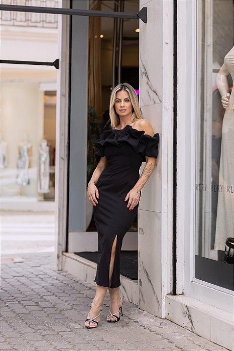 Vestido Preto Com Babado No Ombro Vestido Preto Vestido Babado