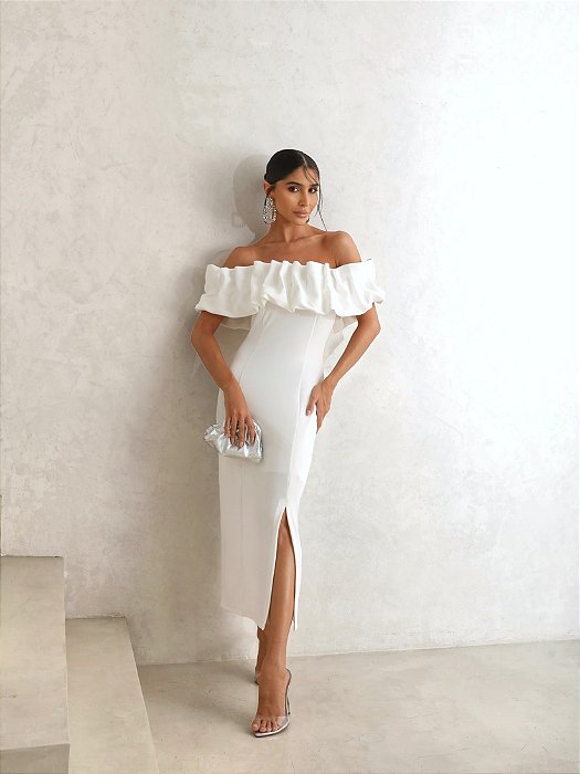 VESTIDO OMBRO A OMBRO MIDI BABADOS PATY - BRANCO