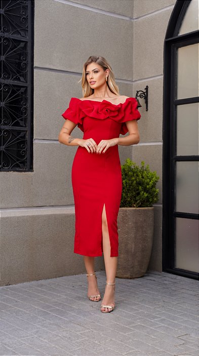 VESTIDO OMBRO A OMBRO MIDI BABADOS PATY - VERMELHO