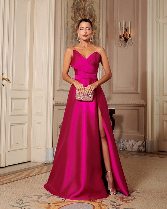 VESTIDO FESTA DEMI ZIBELINE DECOTE - FÚCSIA