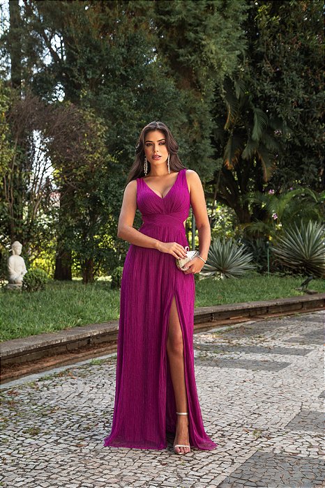 VESTIDO FESTA LONGO METALIZADO BOÊMIA - FÚCSIA