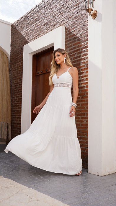 VESTIDO VAL LONGO COM DETALHE GUIPIR - OFF WHITE